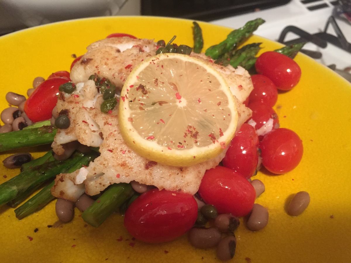 Fish Filet over Asparagus, Tomatoes and Black Eyes Peas