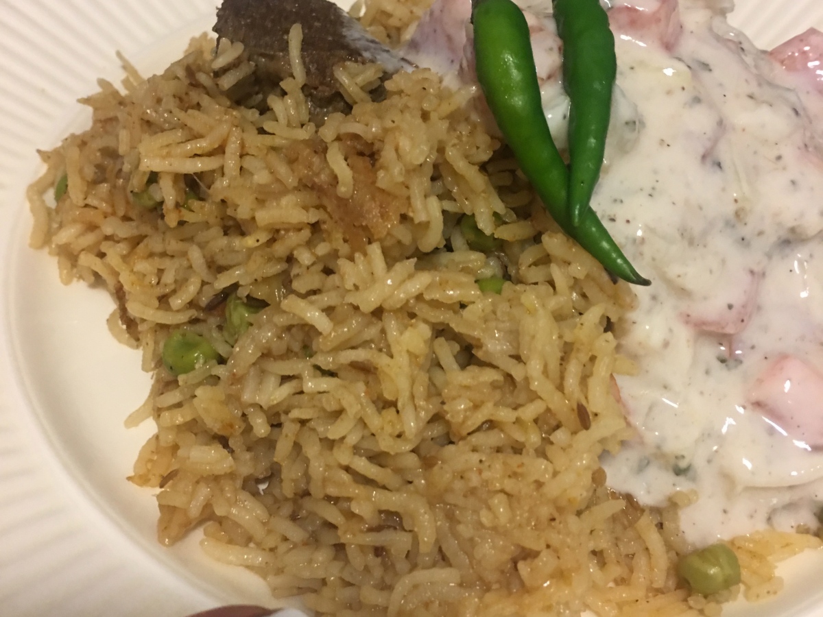 Meat Pulao (rice casserole) with leftovers and a Raita